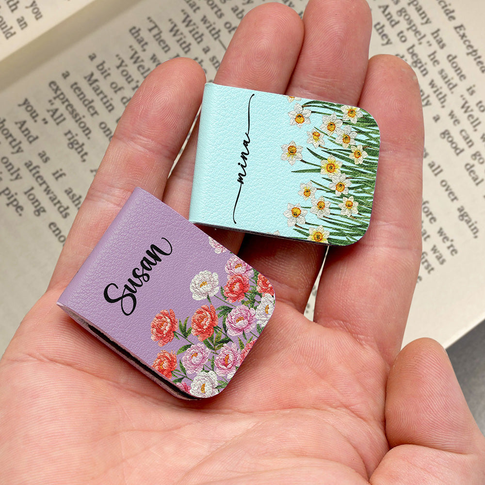 Custom Name & Birth Month Flower For Book Lovers, Book Clubs - Personalized Leather Magnetic Bookmark
