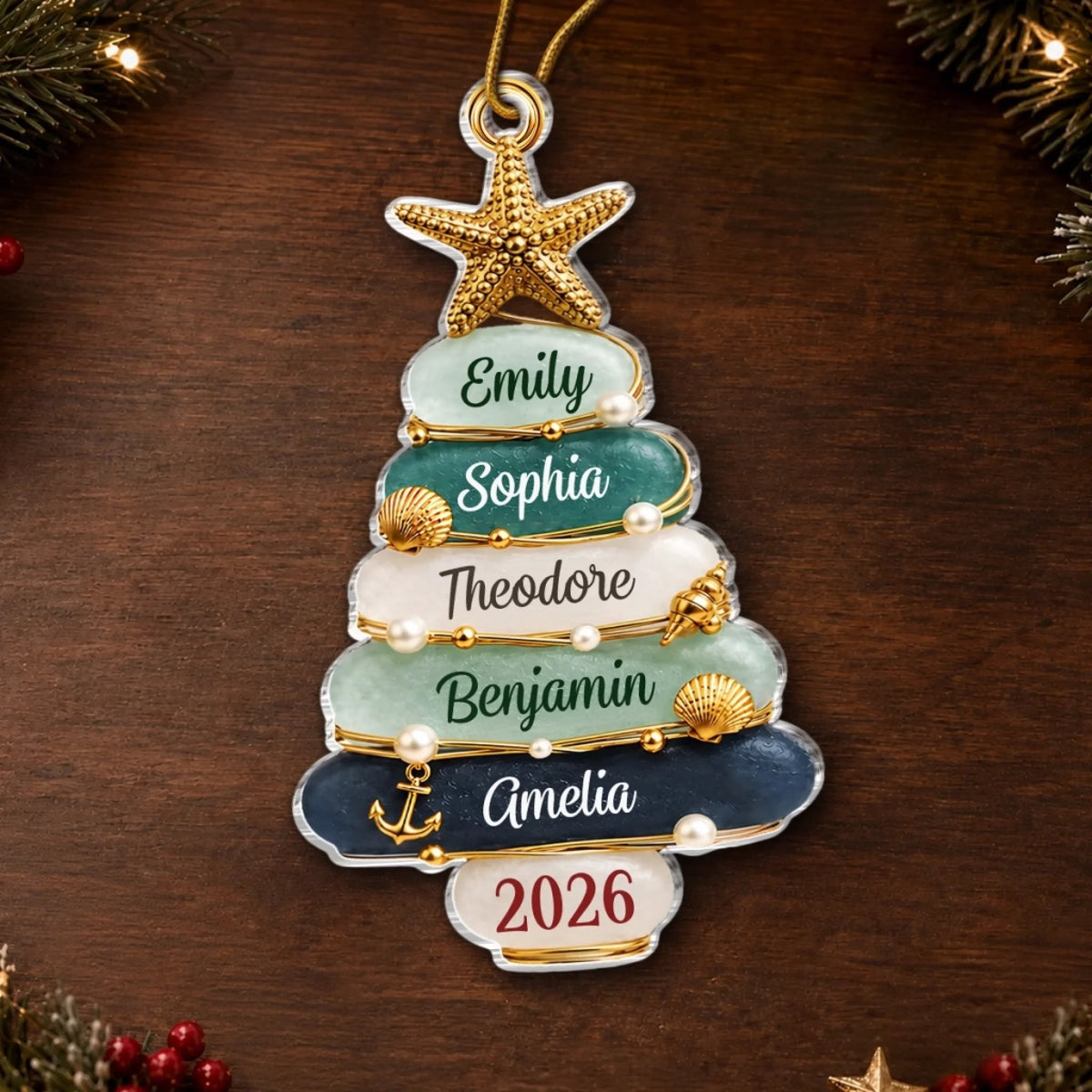 Custom Sea Glass Acrylic Ornament Personalized Christmas Birthday Gifts For Mom Dad Brother Sister Holiday Cheer Starts With Family