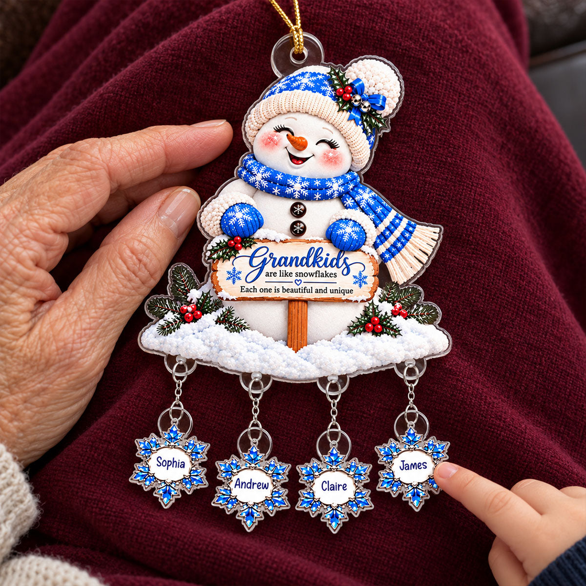 Grandkids Are Snowflakes Grandma Snowman - Personalized Acrylic Ornament With Hanging Pieces - Christmas gift for Grandma