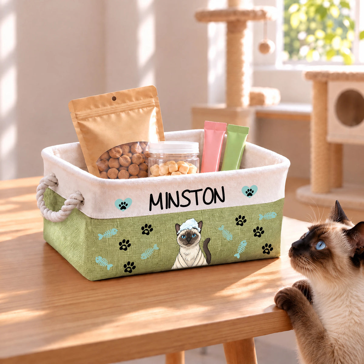 Personalized Fun Bath‑Robe Dog Photo Paw Bone Pattern Storage Basket with Name Pet Toy Organizing Birthday Gift for Dog Mom