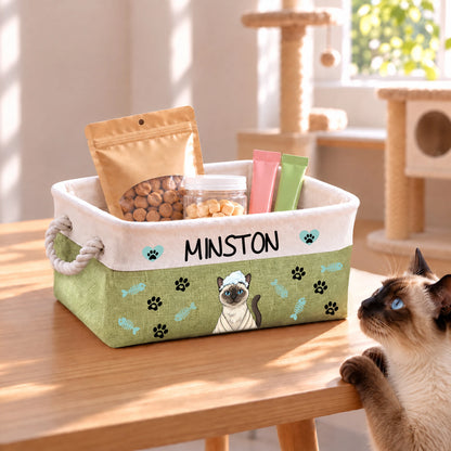 Personalized Fun Bath‑Robe Dog Photo Paw Bone Pattern Storage Basket with Name Pet Toy Organizing Birthday Gift for Dog Mom