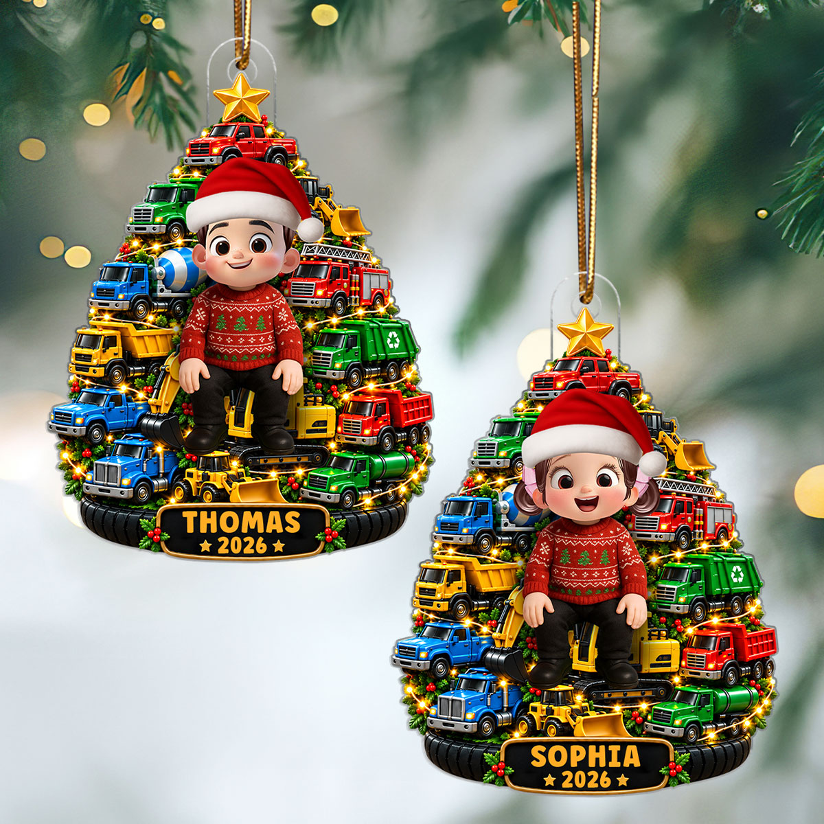 Little Kid With Trucks Christmas Tree - Personalized Acrylic Ornament - Christmas Gift For Kids, Grandkids, Grandson, Granddaughter, Son, Daughter