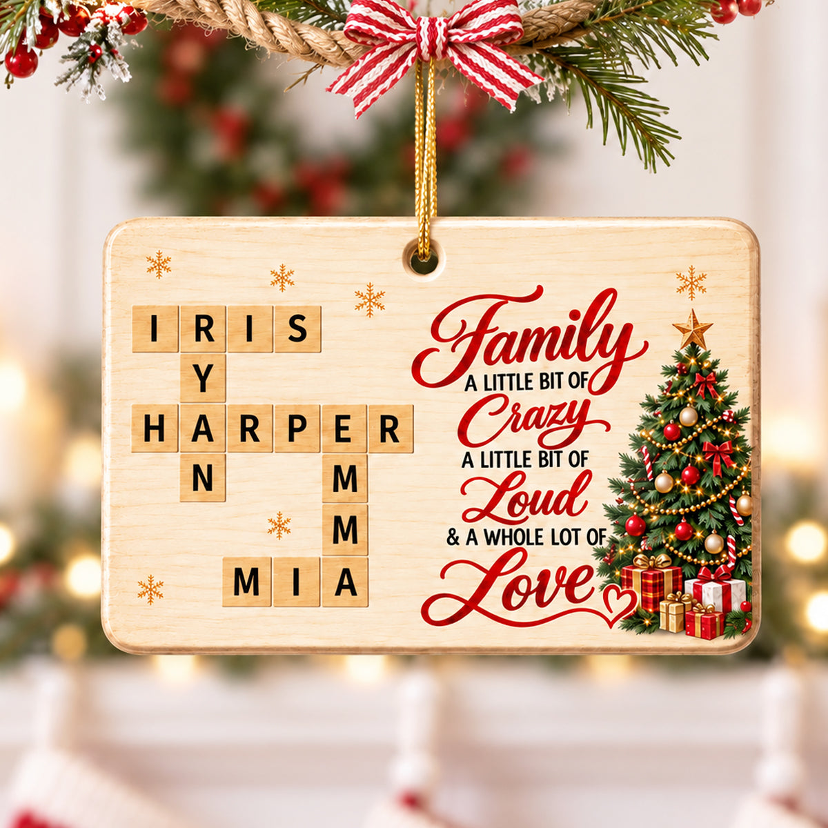 Family A Whole Lot Of Love Crossword Name Puzzle Art - Personalized Wooden Ornament - Christmas Decor For Family, Siblings