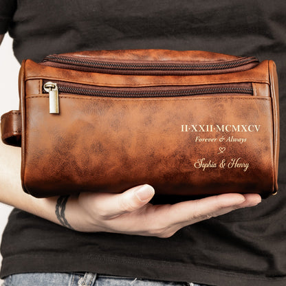 Custom Roman Numeral Date For Groom, Husband, Anniversary Wedding Gifts - Personalized Leather Toiletry Bag