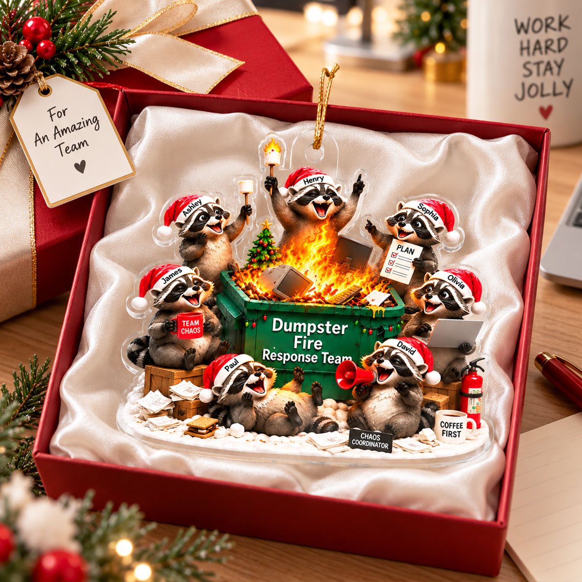 Dumpster Fire Response Team Funny Raccoons - Personalized Acrylic Ornament - Funny Christmas Gift For Colleagues, Coworkers, Boss