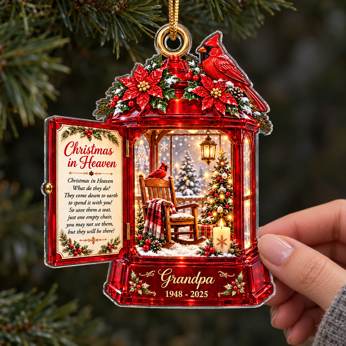Christmas In Heaven Memorial Cardinal Lantern 2D Flat Printed - Personalized Acrylic Ornament - Christmas Memorial Keepsake For Family