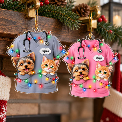 Christmas Vet Scrubs With Pets - Personalized Acrylic Ornament - Veterinarian Christmas Gift