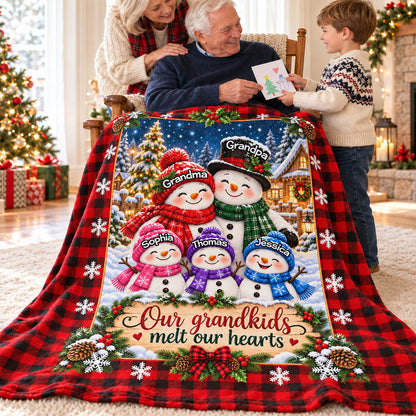 Cute Snowman Grandparents & Grandkids - Personalized Fleece Blanket - Christmas Gift For Grandparents