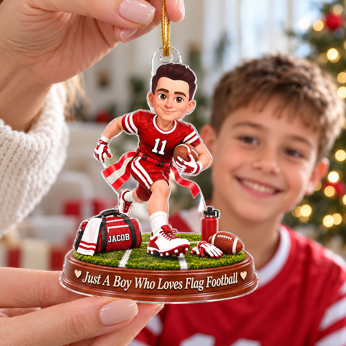 Just a Boy Who Loves Flag Football - Personalized Acrylic Ornament - Christmas Gift for Son, Grandson