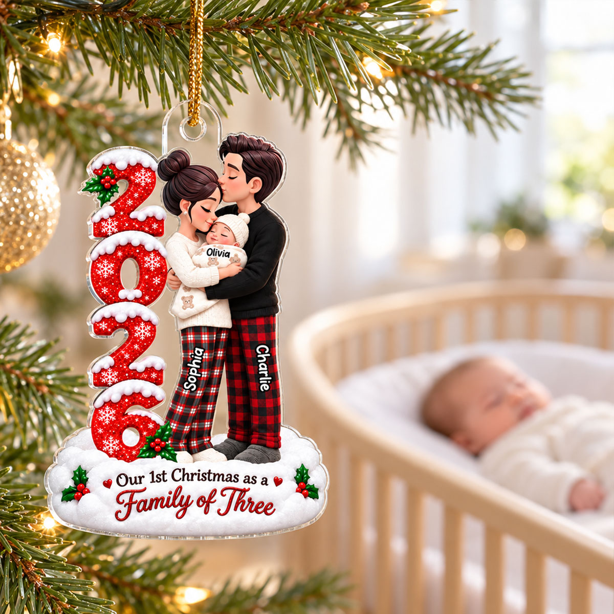 2026 Family of Three - Personalized Acrylic Ornament - Baby's First Christmas Keepsake, Christmas Gift for New Mom, New Dad & First-Time Parents.