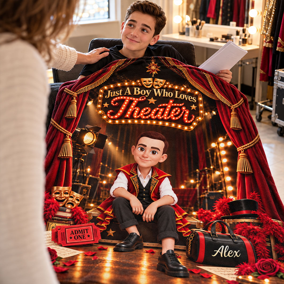 Just a Boy Who Loves Theater - Personalized Fleece Blanket - Christmas Gift for Son, Grandson
