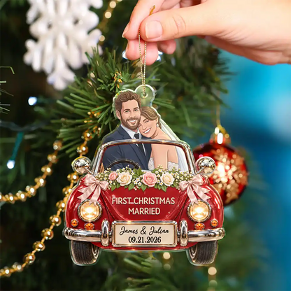 First Christmas Gift For Newlyweds - Personalized Custom Photo Mr And Mrs Names Just Married Car Acrylic Ornament