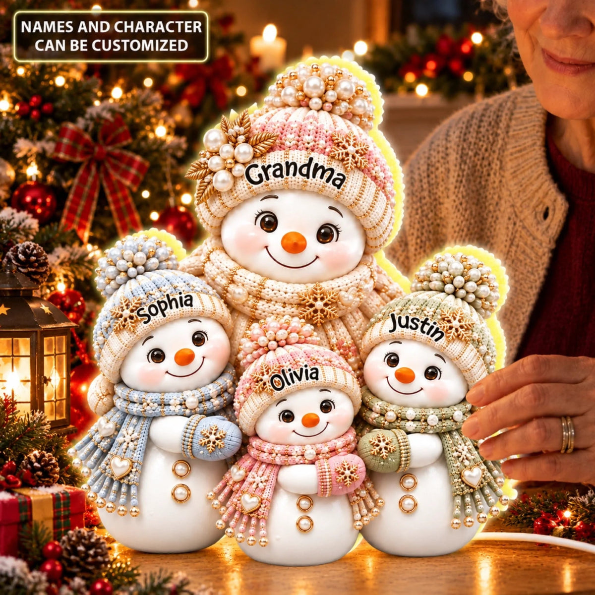 Luxury Pearl Snowman Family - Custom Shape Light Box - Christmas Gift for Grandma, Family