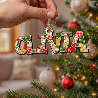 Patchwork Print Christmas Theme With Name - Personalized Ornament