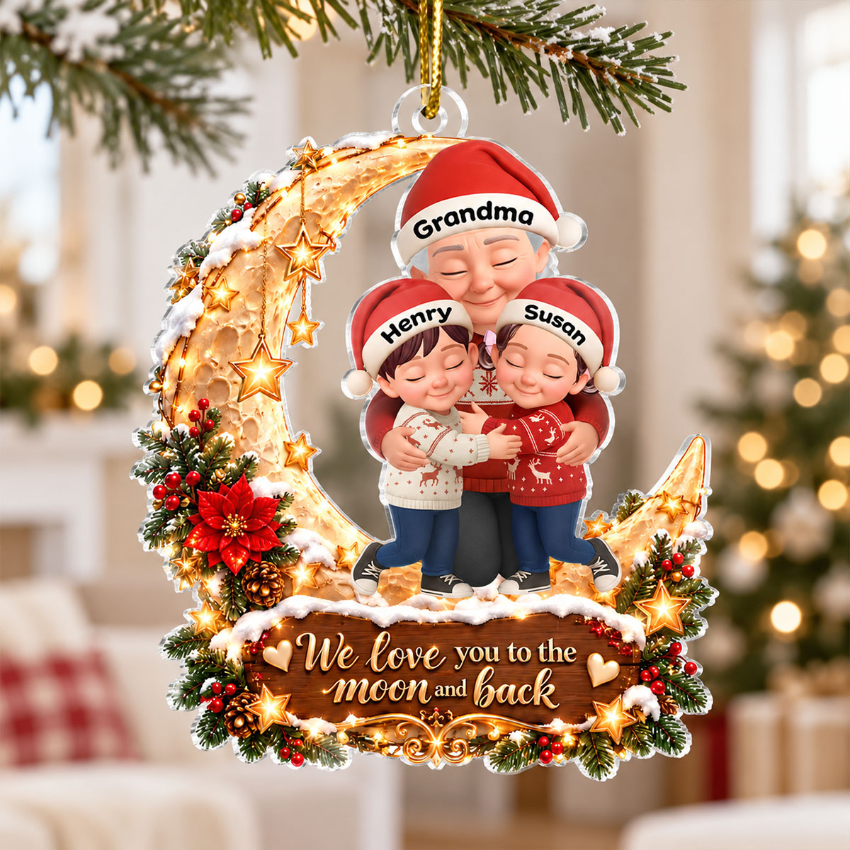 Grandma Grandkid Hugging on Moon - Personalized Acrylic Ornament - Christmas Gift for Grandma, Grandkids
