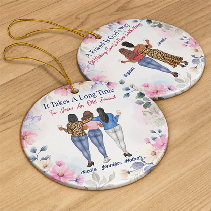 Christmas Besties Entertained By Us As Us - Personalized Floral Circle Ceramic Ornament