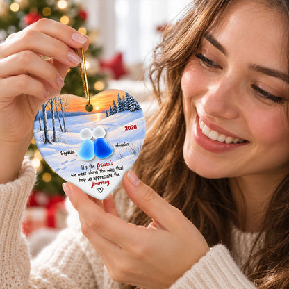 Friends Along The Way Winter Sunset Heart - Personalized Ceramic Ornament With Acrylic Pieces - Christmas Gift For Best Friend, Bestie, Soul Sister, Friendship Keepsake
