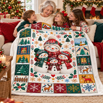 Snowman Grandma Grandkids Hugging - Personalized Fleece Blanket - Christmas Gift for Grandma, Grandkids