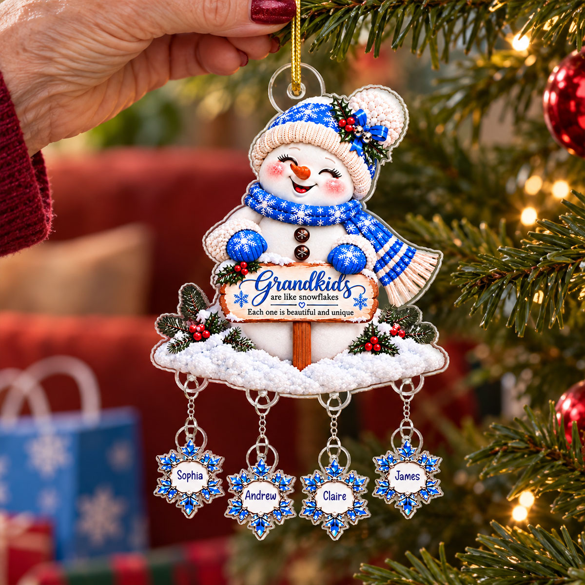 Grandkids Are Snowflakes Grandma Snowman - Personalized Acrylic Ornament With Hanging Pieces - Christmas gift for Grandma