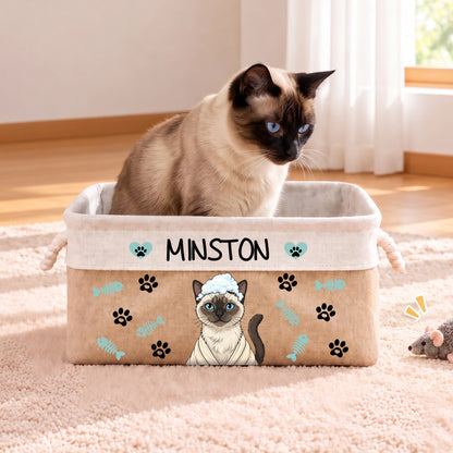 Personalized Fun Bath‑Robe Dog Photo Paw Bone Pattern Storage Basket with Name Pet Toy Organizing Birthday Gift for Dog Mom