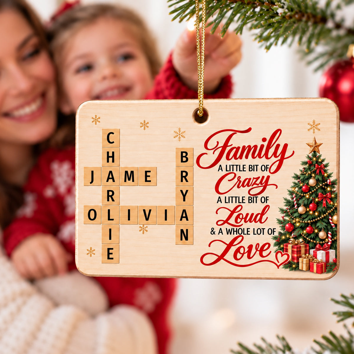 Family A Whole Lot Of Love Crossword Name Puzzle Art - Personalized Wooden Ornament - Christmas Decor For Family, Siblings