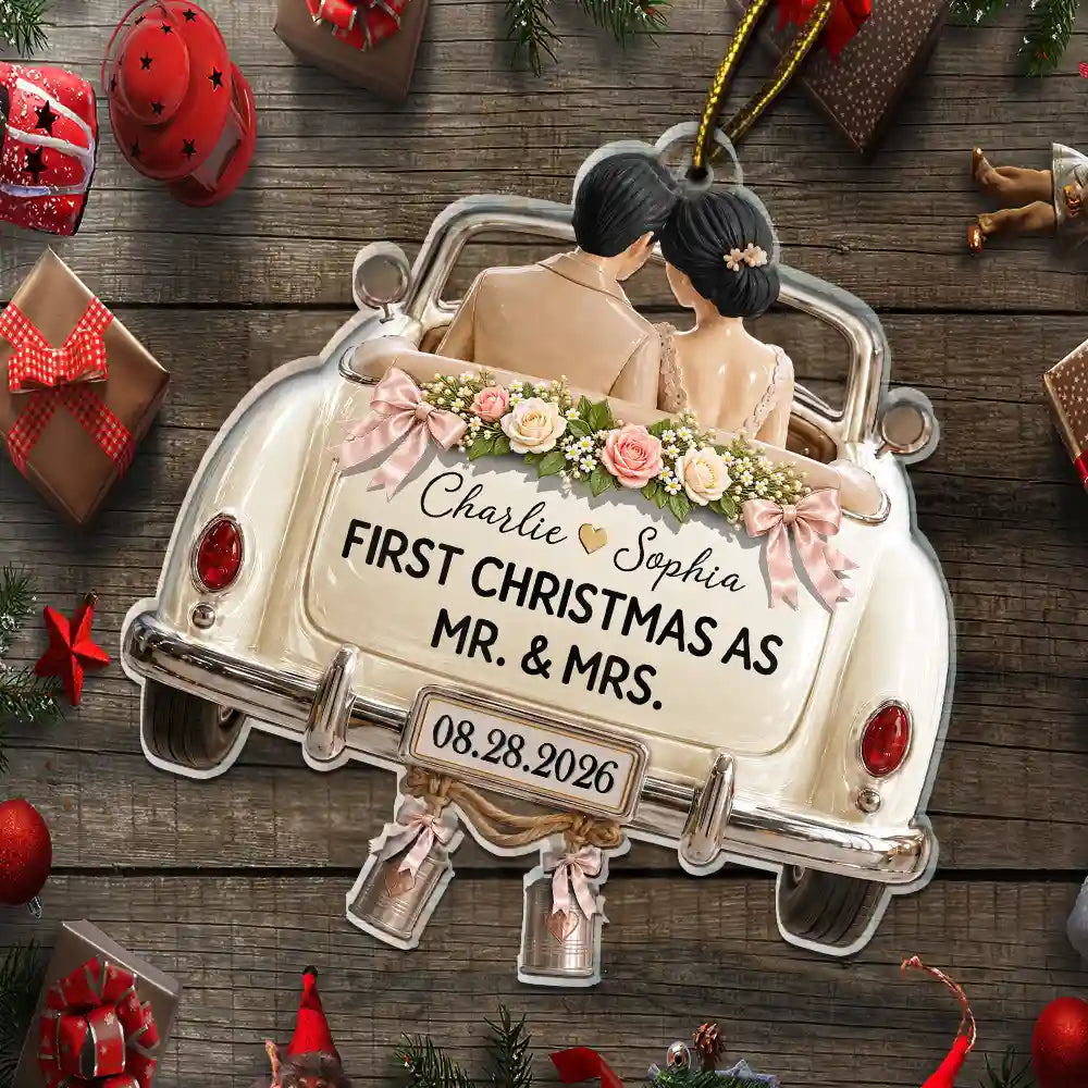 First Christmas As Mr. & Mrs. Wedding Car - Personalized Custom Shaped Acrylic Ornament