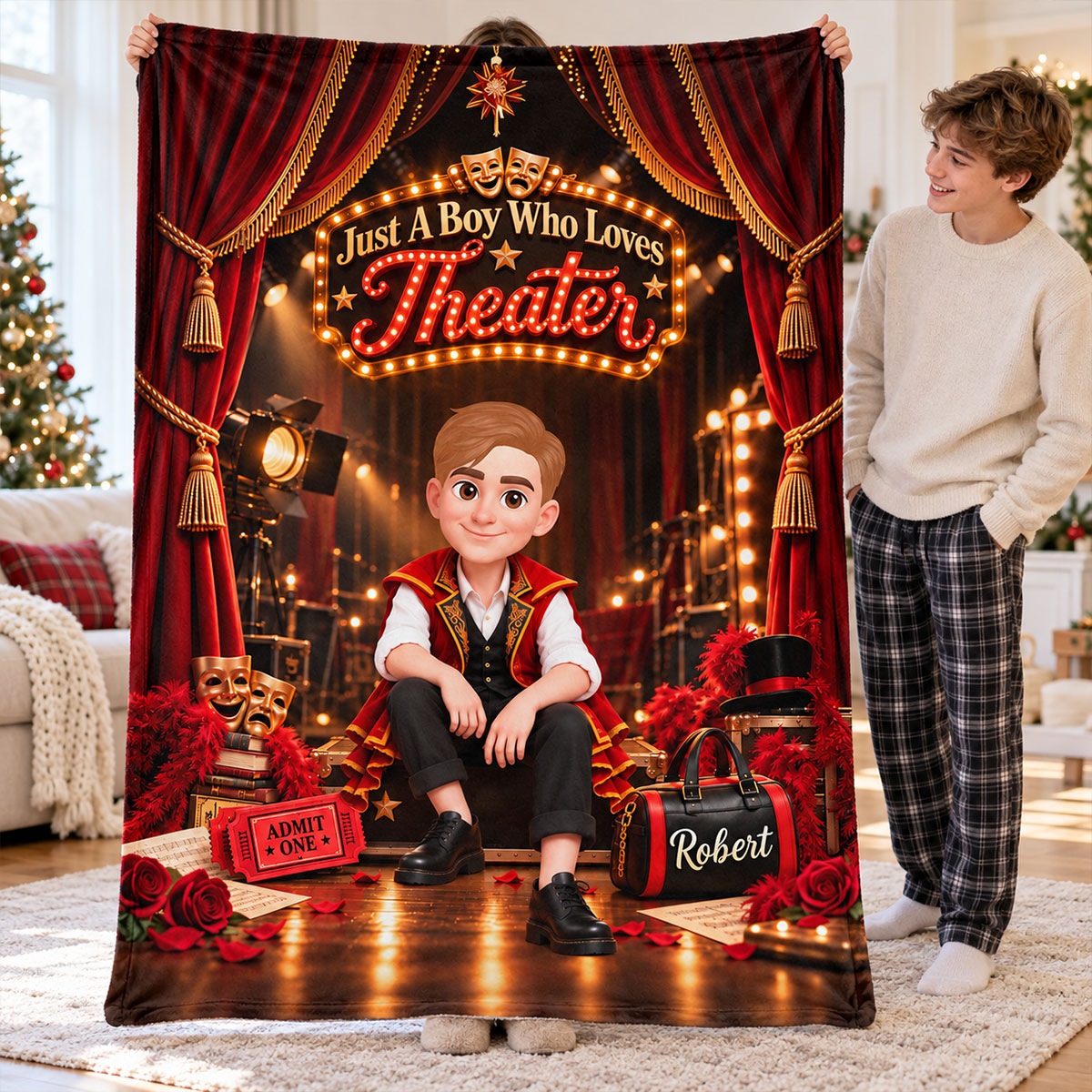 Just a Boy Who Loves Theater - Personalized Fleece Blanket - Christmas Gift for Son, Grandson