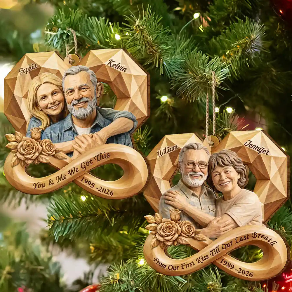 Anniversary Gift For Couples - Personalized Custom Photo Infinity Rose Heart Wooden Ornament