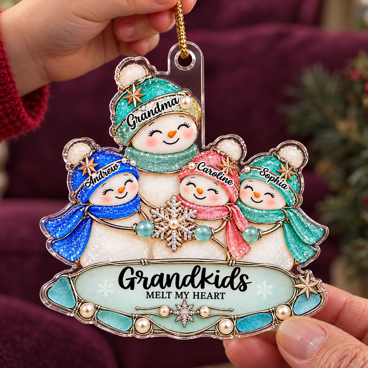 Grandkids Melt My Heart Grandma Grandchildren Snowman 2D Flat Printed - Personalized Acrylic Ornament - Christmas Decor For Grandma