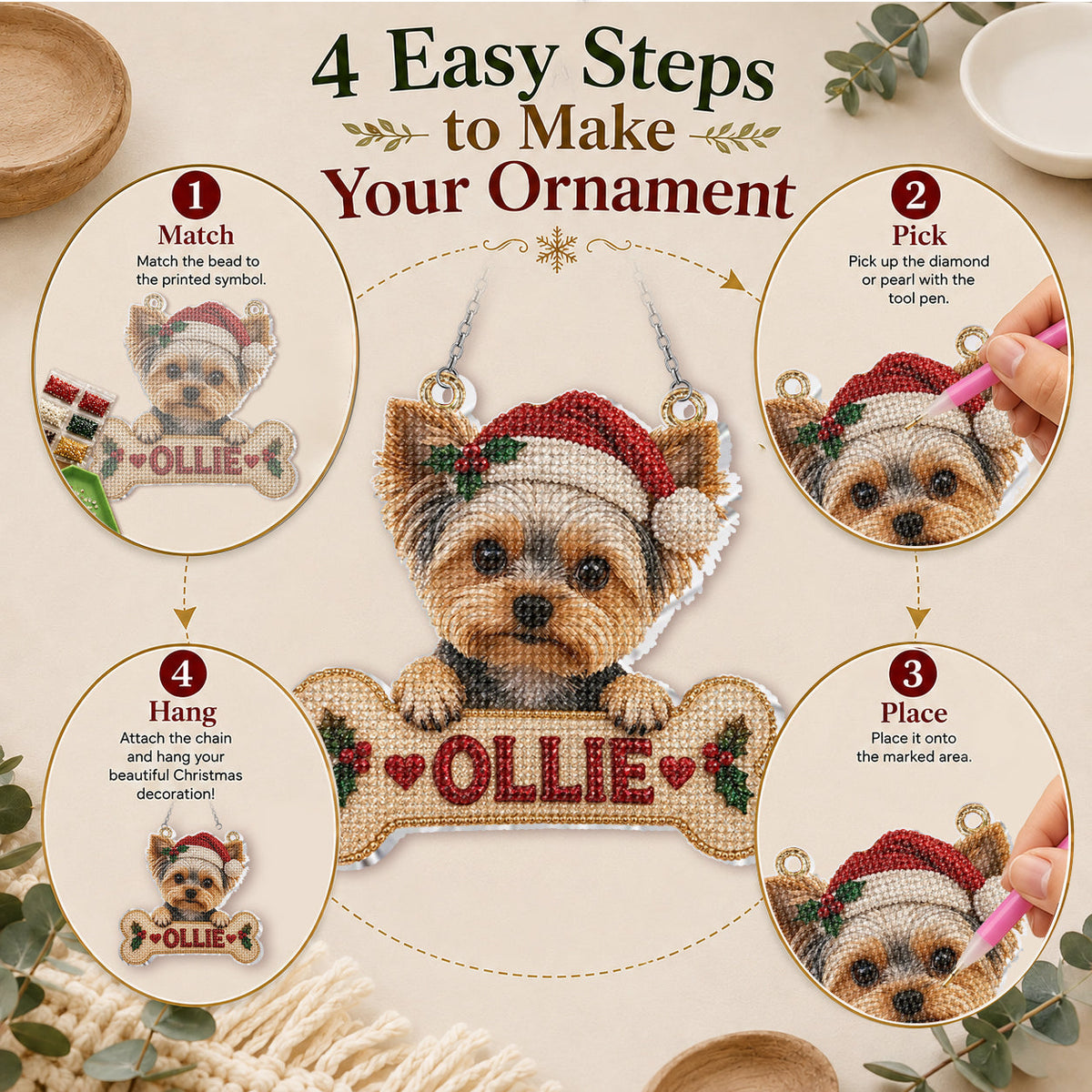 Personalized Christmas Fawn Pug Puppy Diamond Painting Ornament Kit