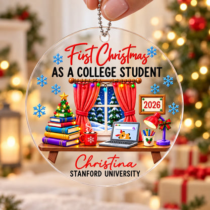 College Student With Desk Design - Personalized Acrylic Ornament - Christmas Gift For New Student, Boy, Girl