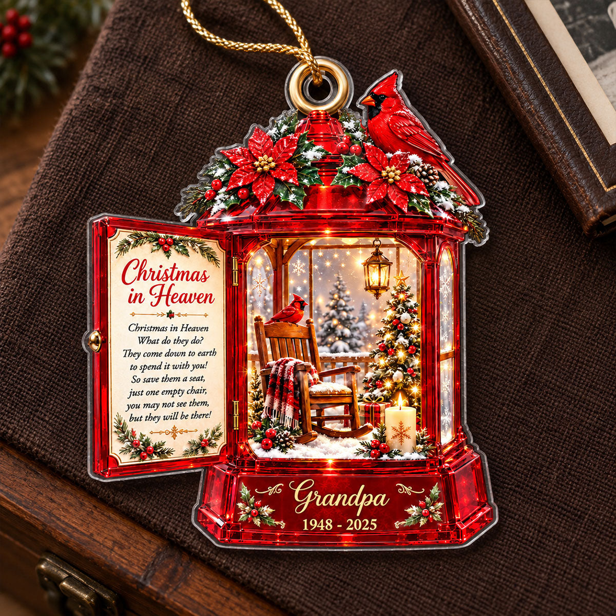 Christmas In Heaven Memorial Cardinal Lantern 2D Flat Printed - Personalized Acrylic Ornament - Christmas Memorial Keepsake For Family