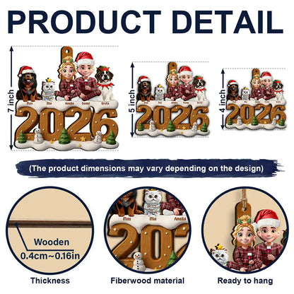 3D Effect Christmas Family And Dog Cat - Personalized Custom Shaped Wooden Ornament