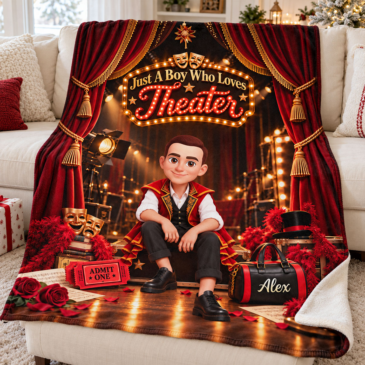 Just a Boy Who Loves Theater - Personalized Fleece Blanket - Christmas Gift for Son, Grandson