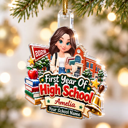 First Year Of High School Snowy Schoolhouse - Personalized Acrylic Ornament - Christmas Gift For Freshman, Son, Daughter, Grandkids