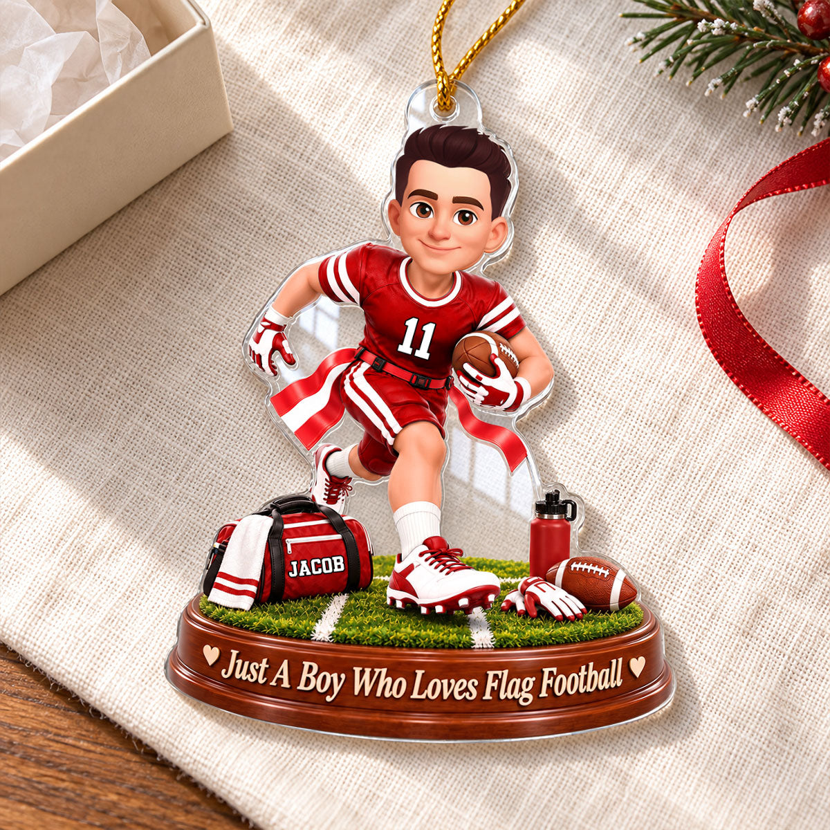 Just a Boy Who Loves Flag Football - Personalized Acrylic Ornament - Christmas Gift for Son, Grandson