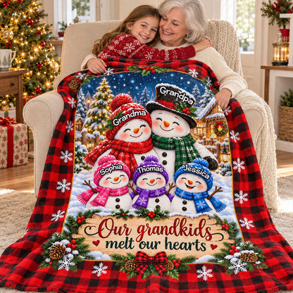 Cute Snowman Grandparents & Grandkids - Personalized Fleece Blanket - Christmas Gift For Grandparents