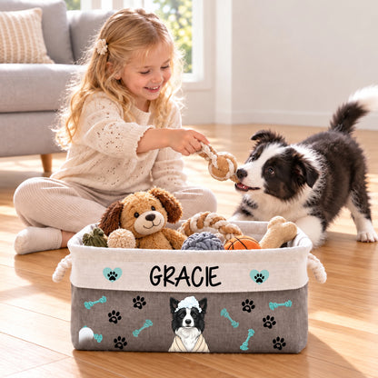 Personalized Fun Bath‑Robe Dog Photo Paw Bone Pattern Storage Basket with Name Pet Toy Organizing Birthday Gift for Dog Mom