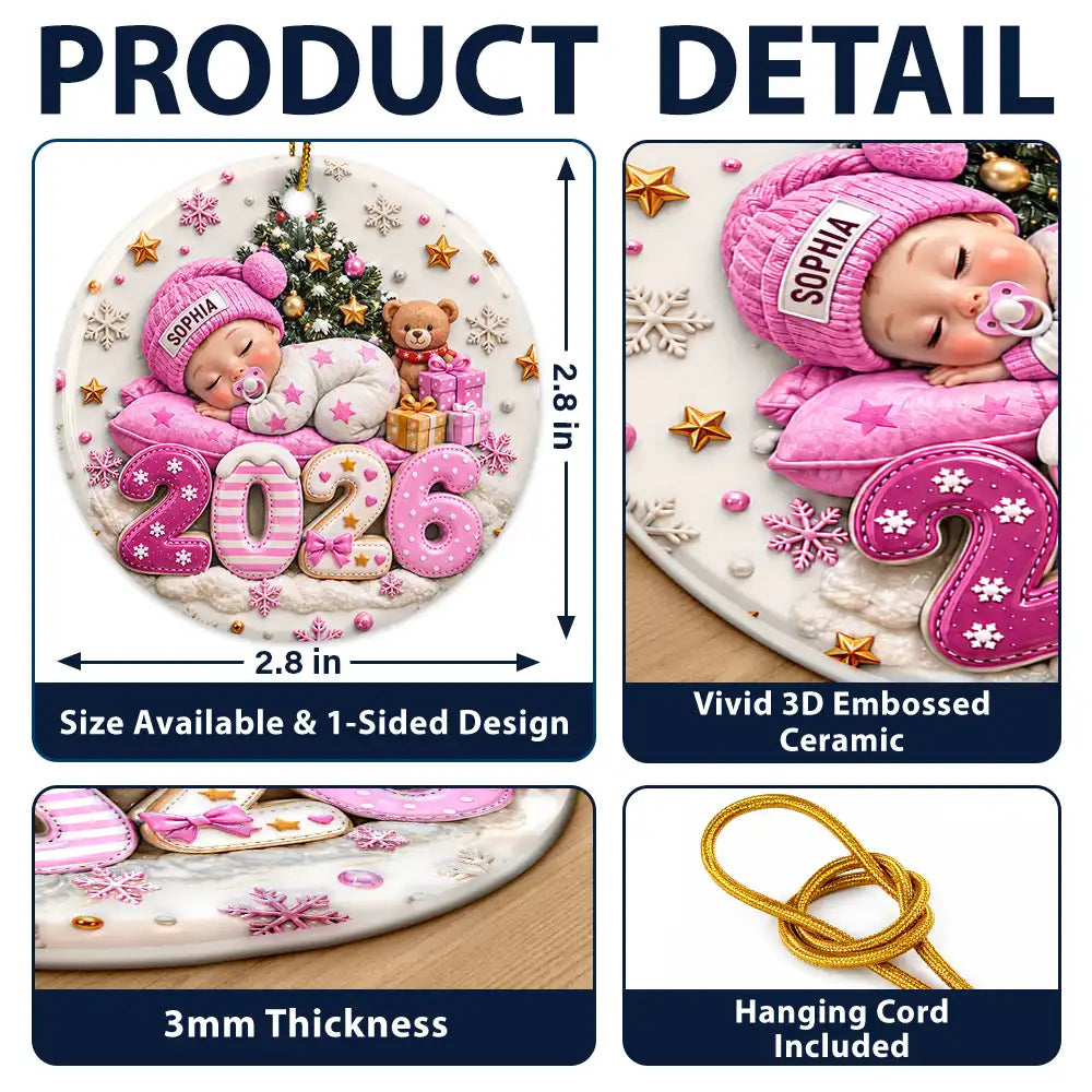 Baby's First Christmas Gift For New Mom - Personalized Sleeping Baby 3D Embossed Circle Ceramic Ornament