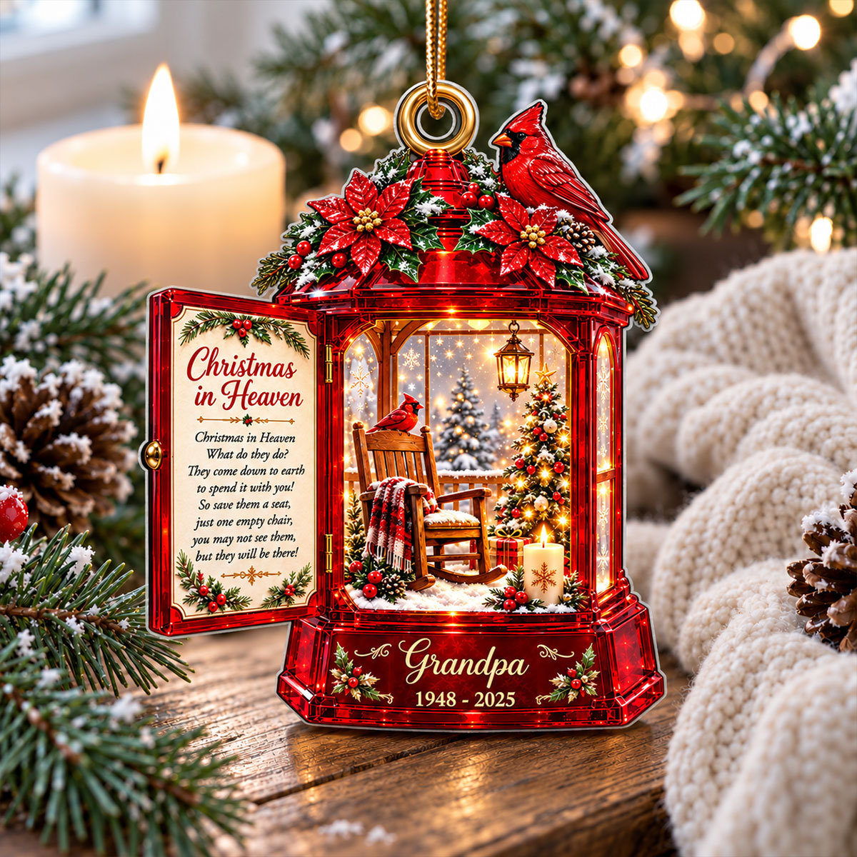Christmas In Heaven Memorial Cardinal Lantern 2D Flat Printed - Personalized Acrylic Ornament - Christmas Memorial Keepsake For Family