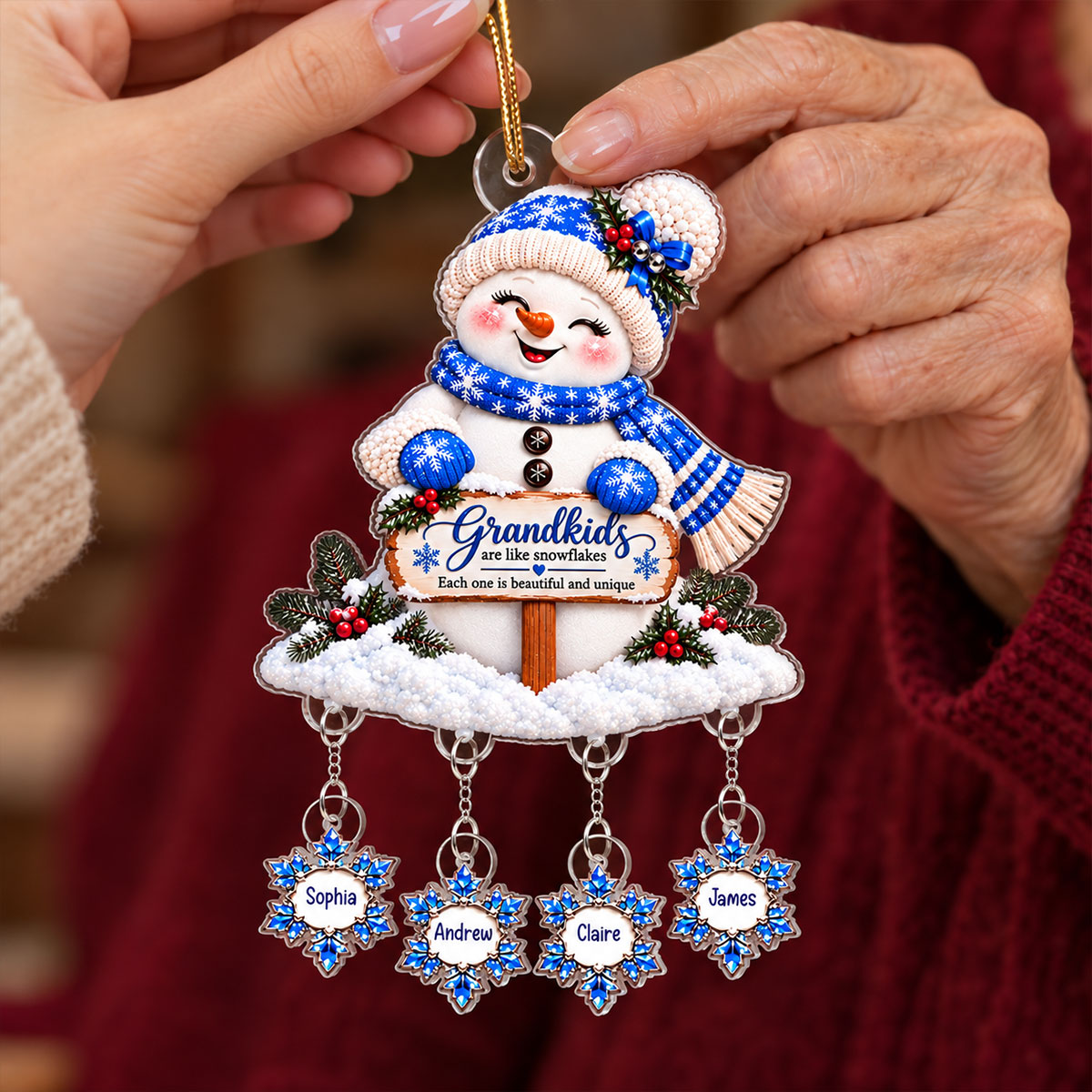 Grandkids Are Snowflakes Grandma Snowman - Personalized Acrylic Ornament With Hanging Pieces - Christmas gift for Grandma