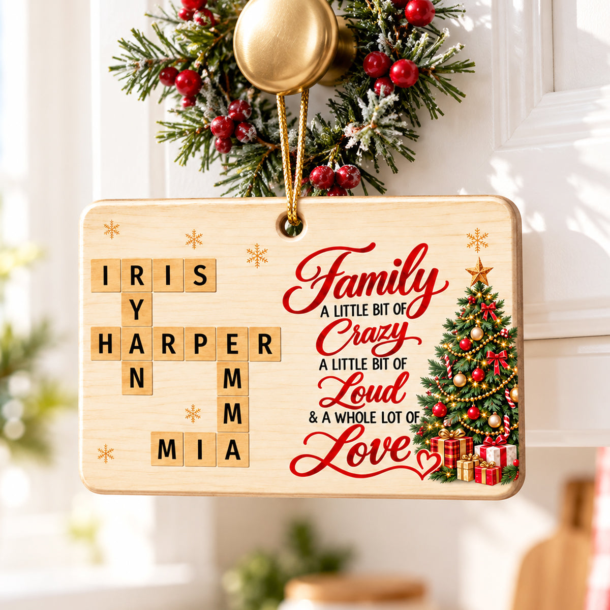 Family A Whole Lot Of Love Crossword Name Puzzle Art - Personalized Wooden Ornament - Christmas Decor For Family, Siblings