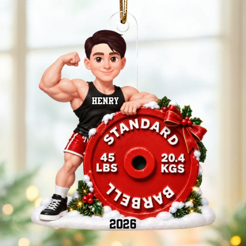 Gym Fitness Workout Weightlifting Body Building Man Woman Barbell - Personalized Acrylic Ornament - Christmas Gift For Him, For Her, For Gymers