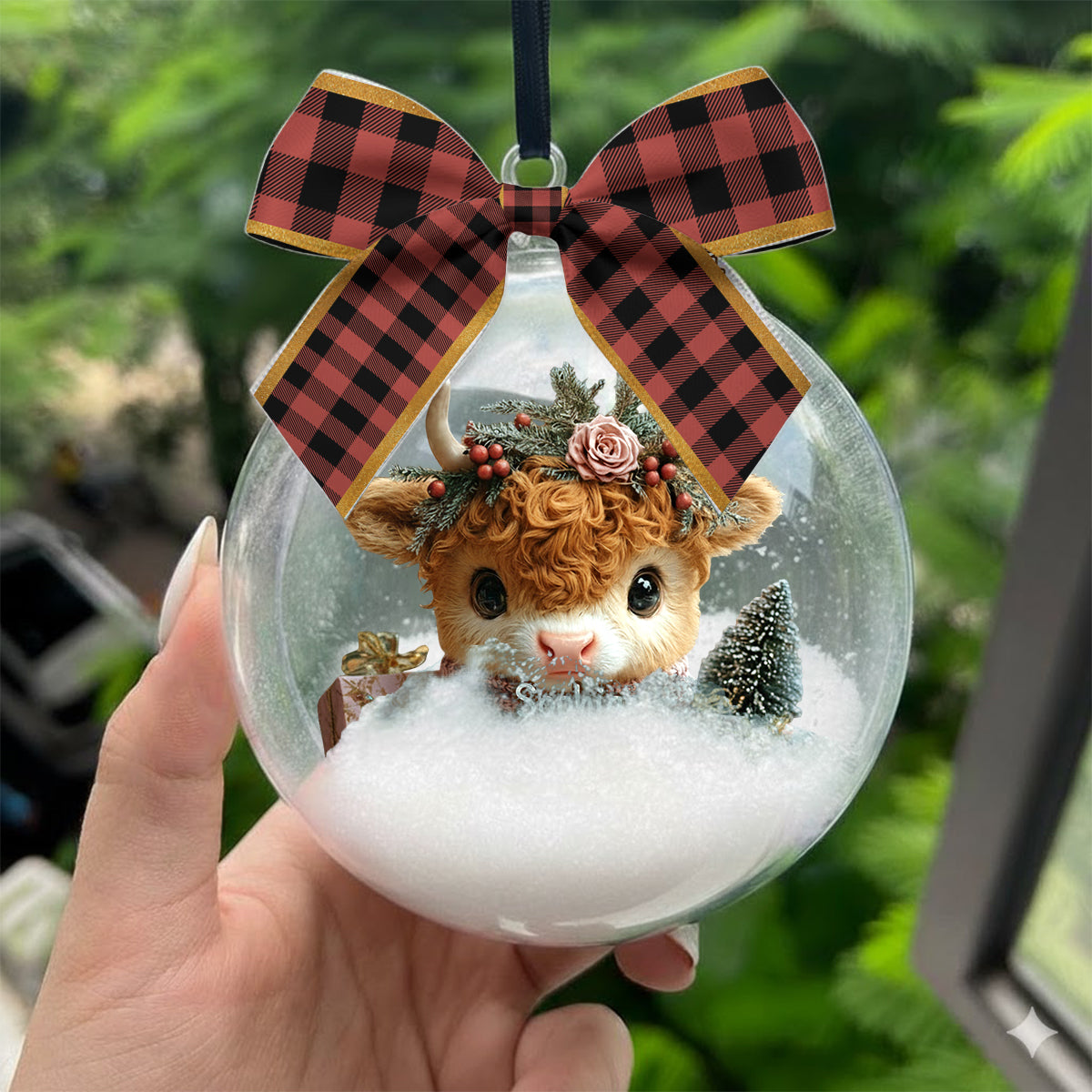 Highland Cow Christmas - Personalized Highland Cow Snow Globe Ornament With Bow