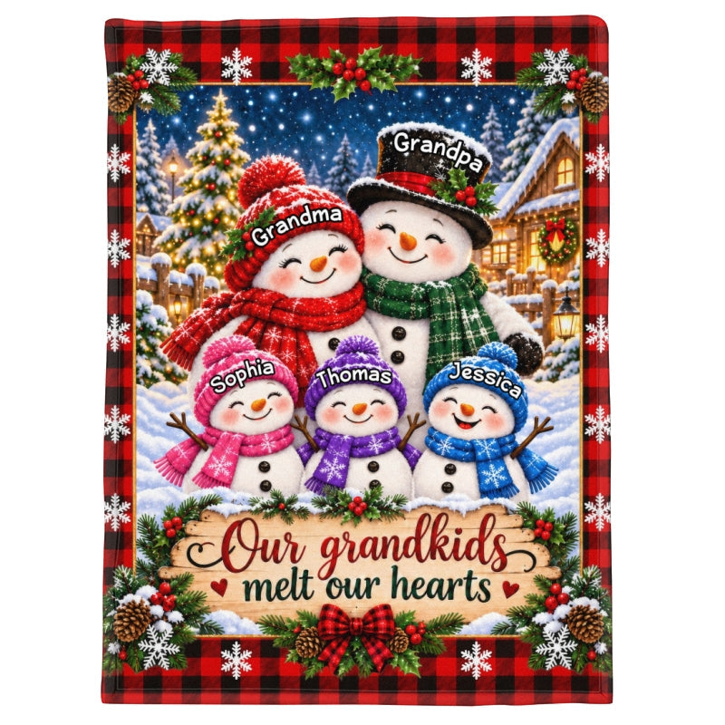 Cute Snowman Grandparents & Grandkids - Personalized Fleece Blanket - Christmas Gift For Grandparents