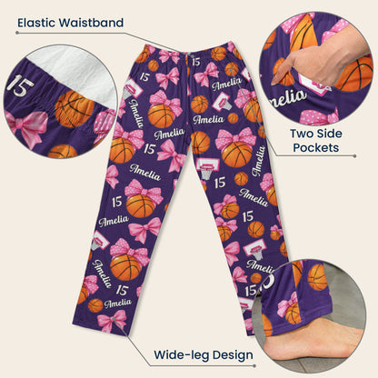 Coquette Bow Basketball Custom Name, Number Gift For Basketball Player, Basketball Team - Personalized Lounge Pants