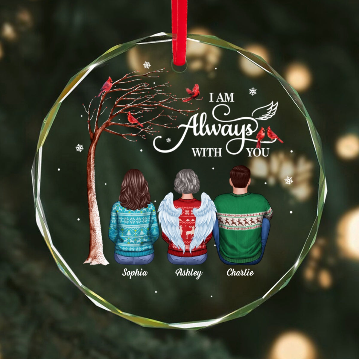 Always With You Cardinal Memorial Remembrance Keepsake Personalized Glass Ornament