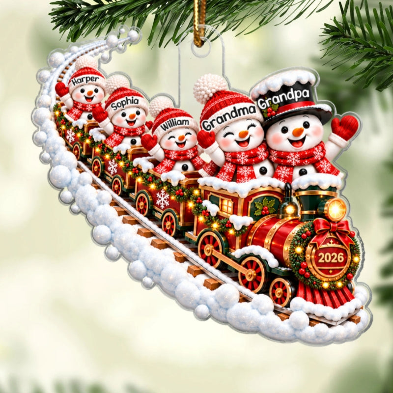 Snowman Family Grandparents Train 2D Flat - Personalized Acrylic Ornament – Christmas Family Keepsake Gift