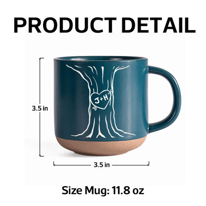 Couple Name Initials Engraved In A Heart Tree - Personalized Pottery Mug - Valentine's Day, Anniversary, Engagement Gift