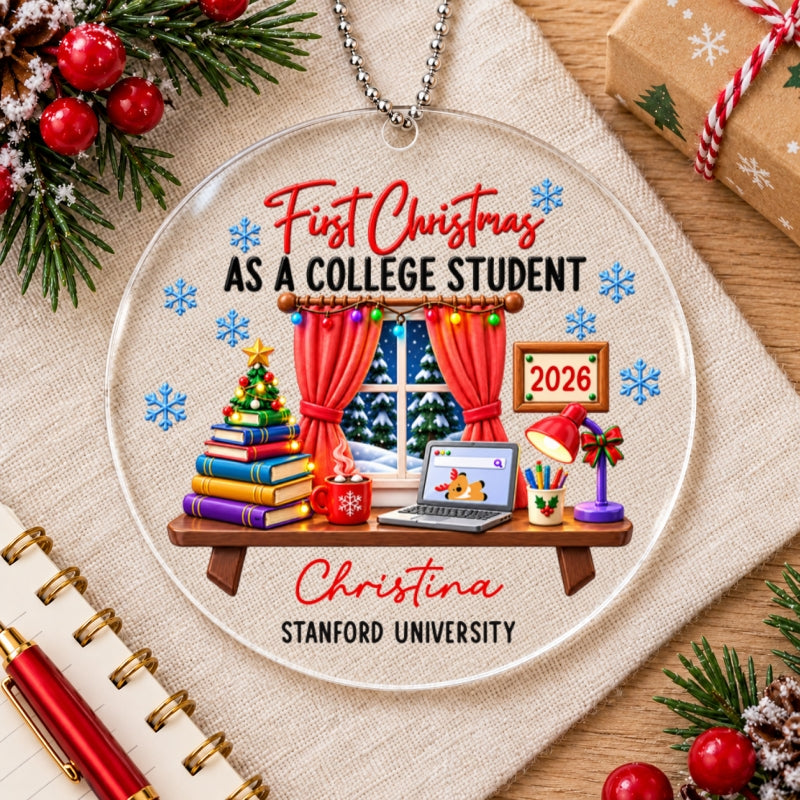 College Student With Desk Design - Personalized Acrylic Ornament - Christmas Gift For New Student, Boy, Girl